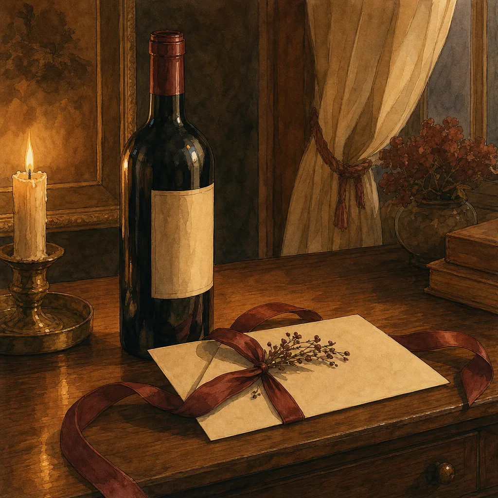 une bouteille de vin rouge posée près d'un ruban et d'une carte manuscrite, lumière douce sur une table en bois