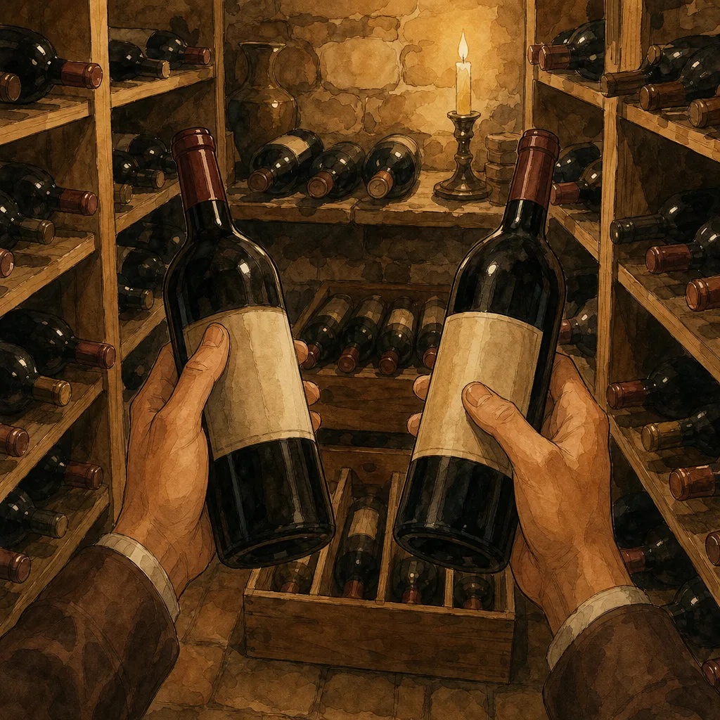 rayon de cave à vin bien rangé, mains d'une personne hésitant entre deux bouteilles