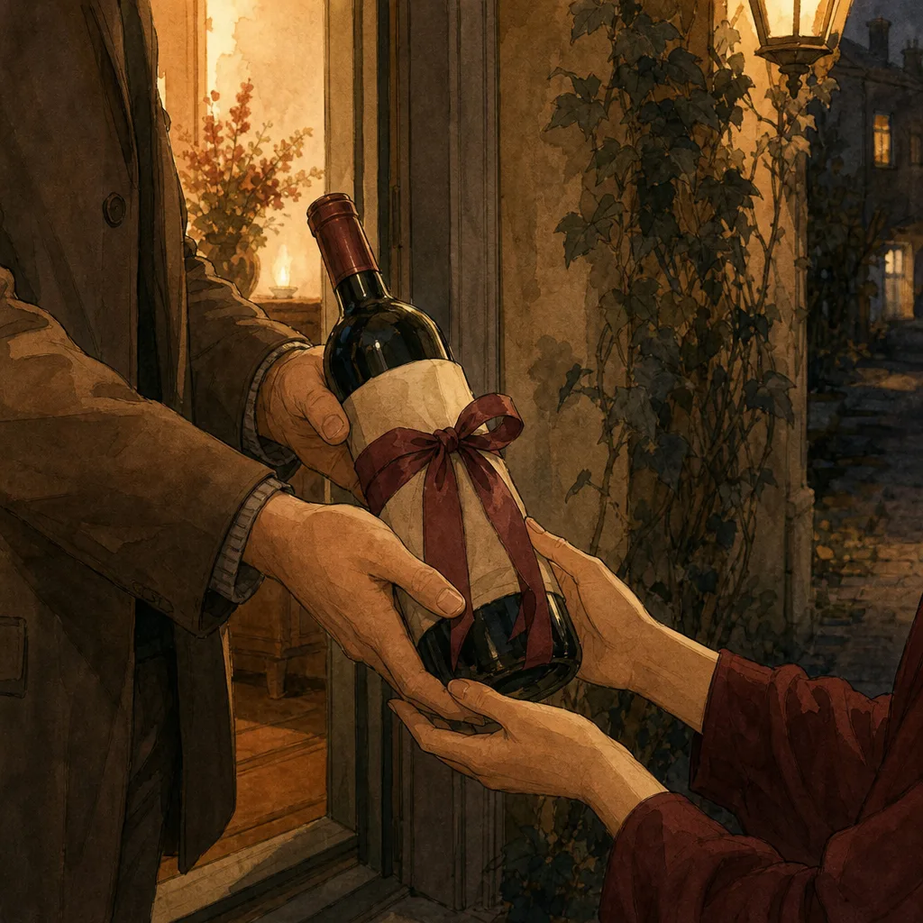 deux mains qui tendent une bouteille de vin enveloppée d'un ruban discret, sur le pas d'une porte le soir