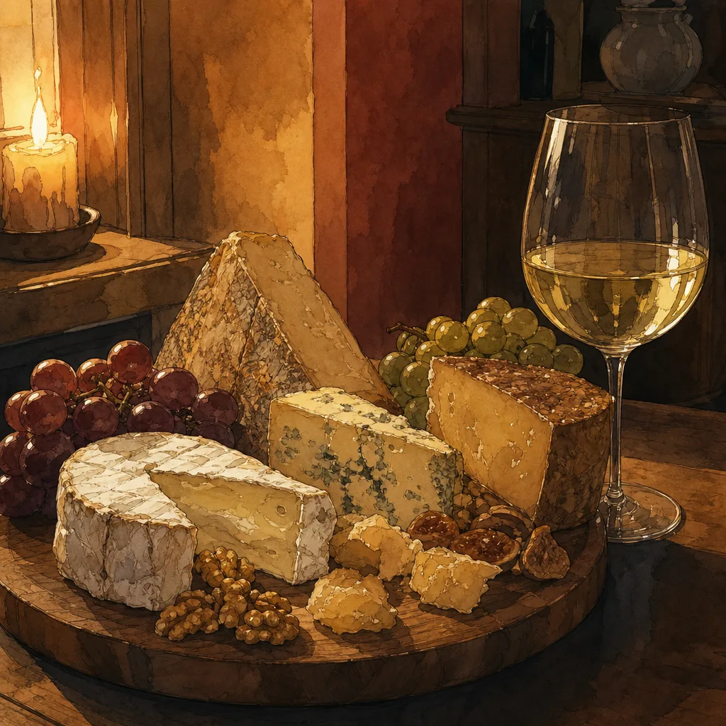 gros plan d'un plateau de fromages variés en bois avec un verre de vin blanc à côté, lumière naturelle