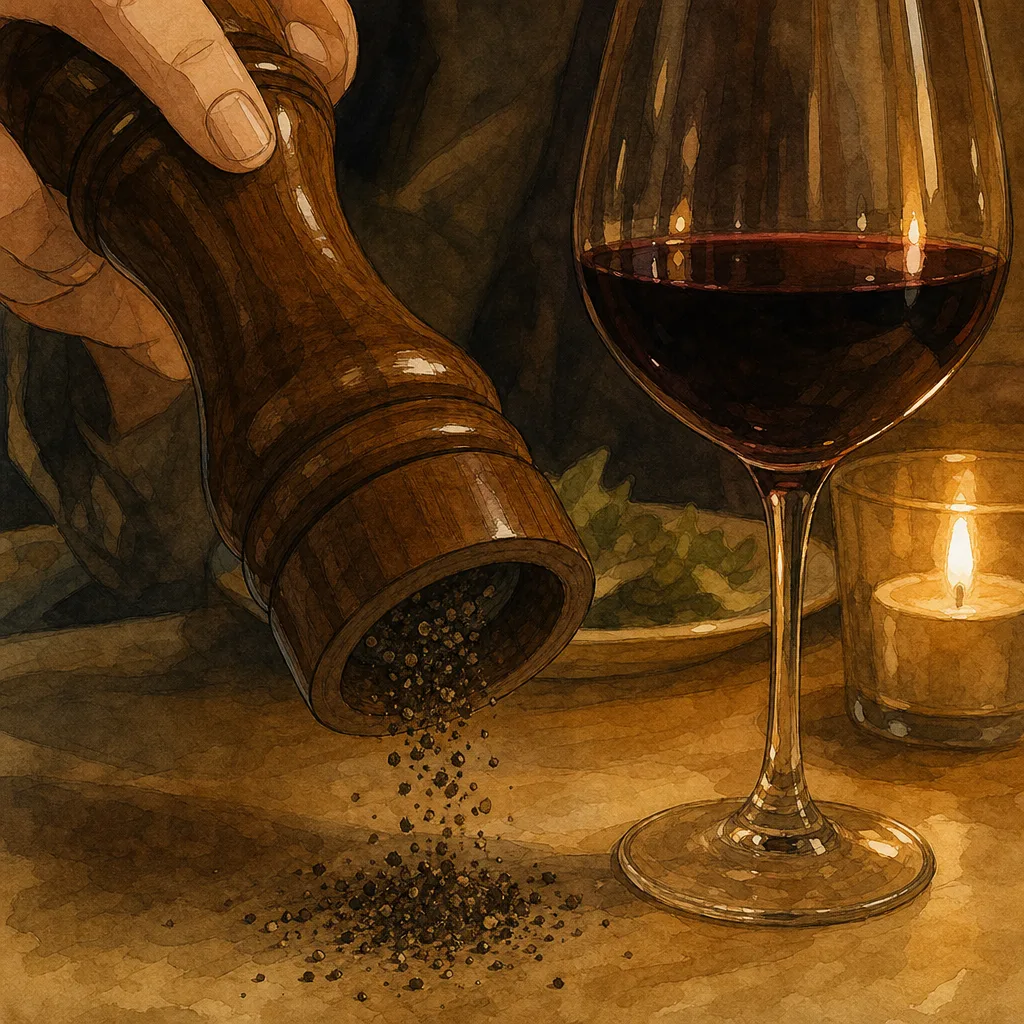 gros plan sur un moulin à poivre versant du poivre noir concassé à côté d'un verre de vin rouge sombre