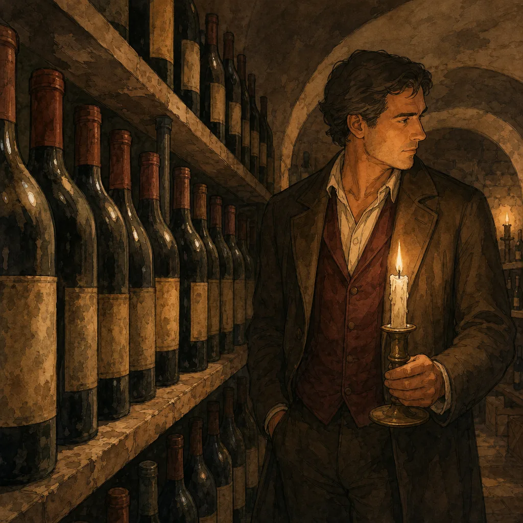 rangées de vieilles bouteilles de vin poussiéreuses dans une cave sombre, étiquettes jaunies sans texte lisible