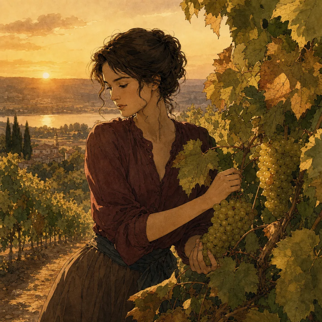 rangs de vigne en fin d'été, grappes vertes compactes aux baies dorées, lumière rasante
