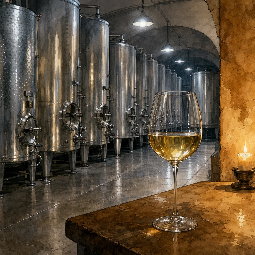 rangée de cuves en inox dans une cave, lumière froide, un verre de vin blanc doré posé au premier plan