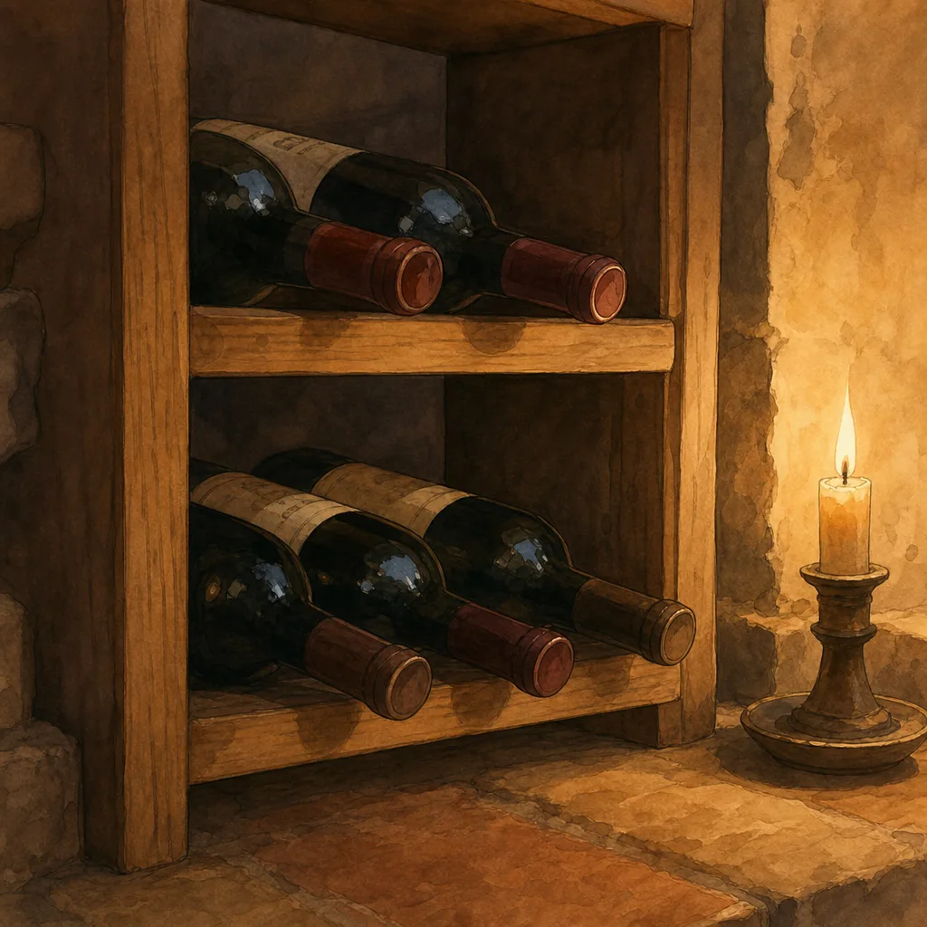quelques bouteilles de vin rangées à l'horizontale dans un casier en bois simple, lumière douce