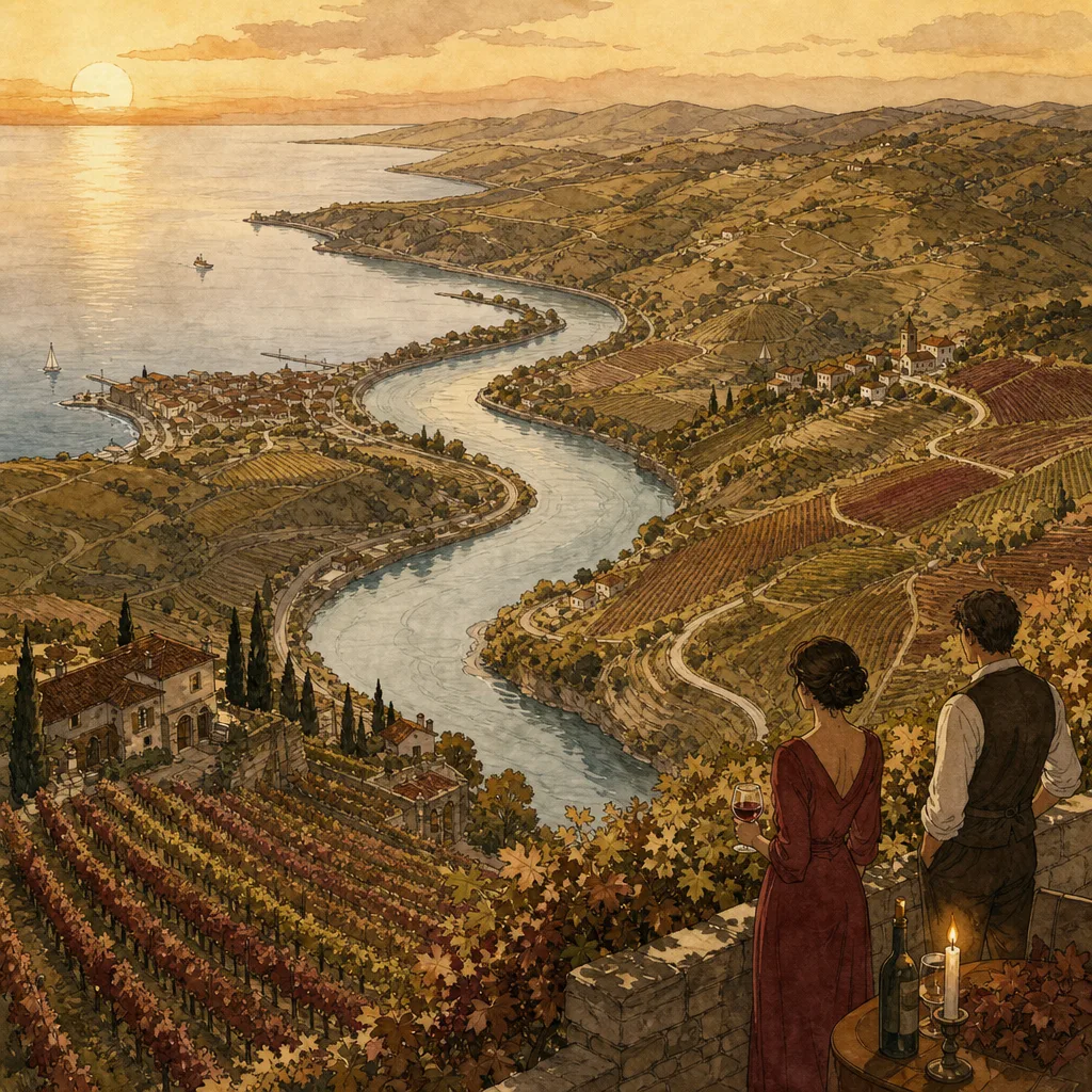 carte stylisée d'un fleuve serpentant entre des coteaux de vignes, du bord de mer aux collines de l'intérieur, lumière de fin d'après-midi