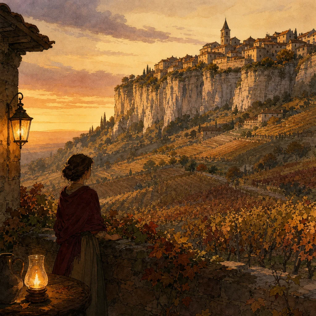 coteaux de vignes en pente douce au pied d'une falaise calcaire, lumière d'automne, un village perché au sommet