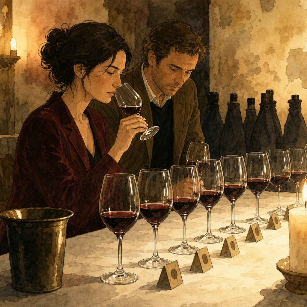 rangée de verres de vin rouge numérotés sur une nappe blanche, bouteilles masquées par des chaussettes opaques en arrière-plan