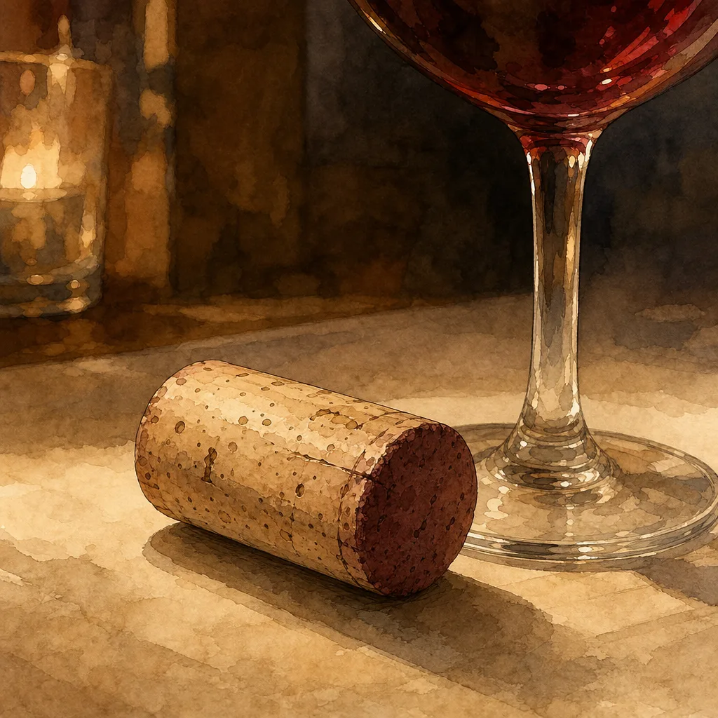 gros plan sur un bouchon en liège posé à côté d'un verre de vin rouge, lumière naturelle douce
