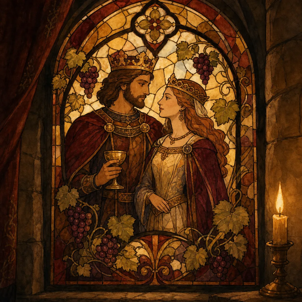 vitrail médiéval stylisé représentant un couple royal et des grappes de raisin, lumière chaude