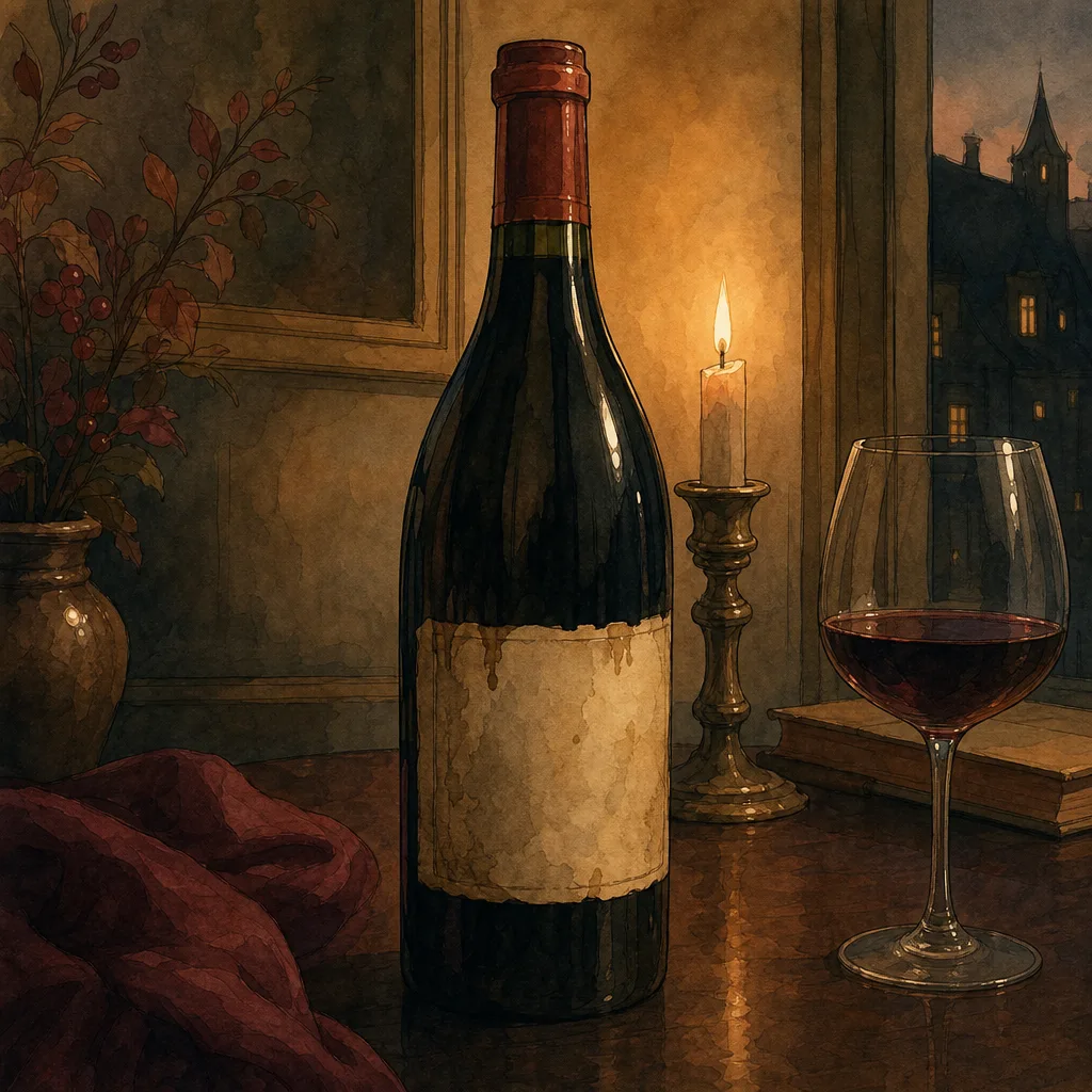 une bouteille ancienne de vin rouge de Bourgogne posée sur une table sombre, étiquette patinée, lumière douce