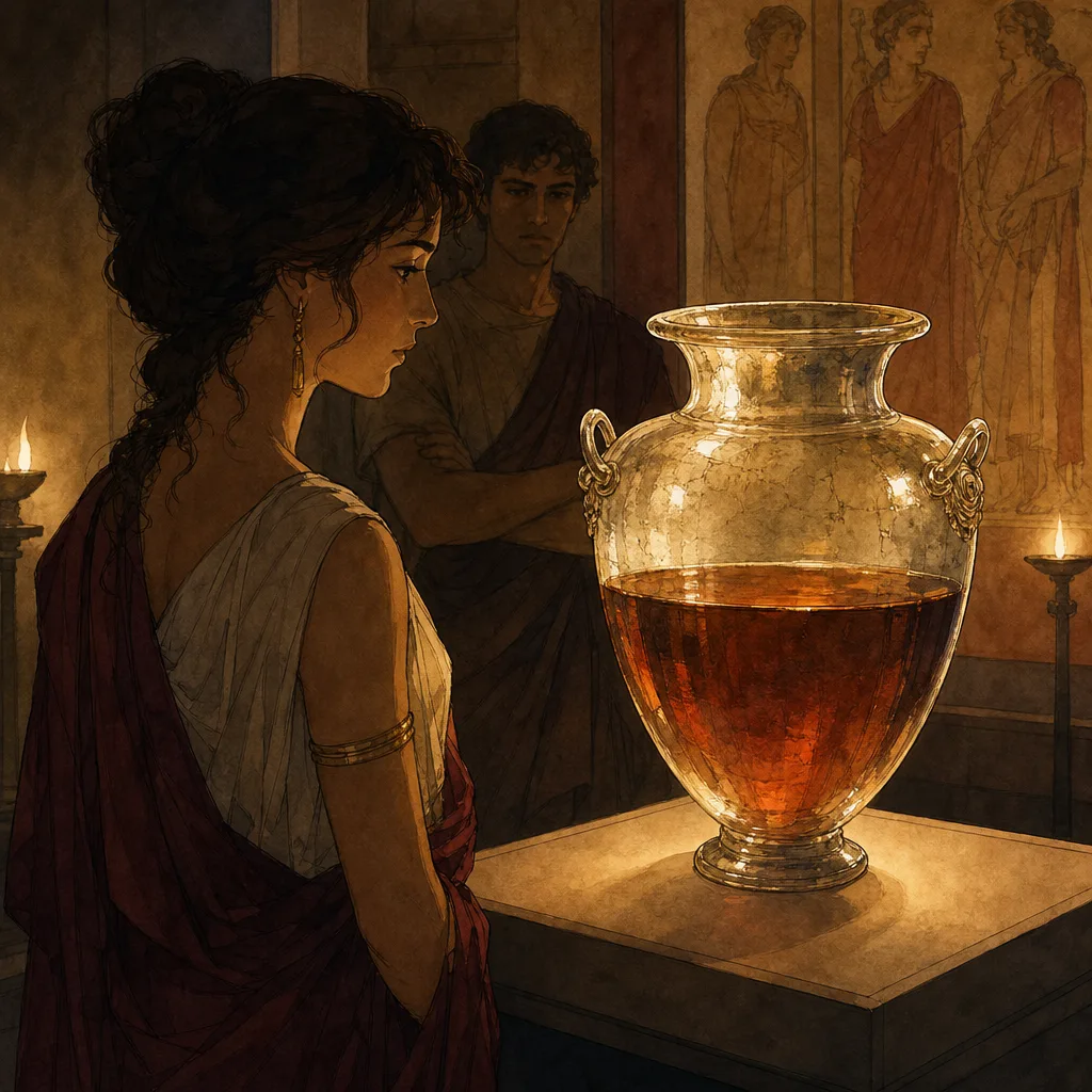 ancienne urne en verre romaine posée sur un présentoir de musée, lumière douce, liquide ambré à l'intérieur