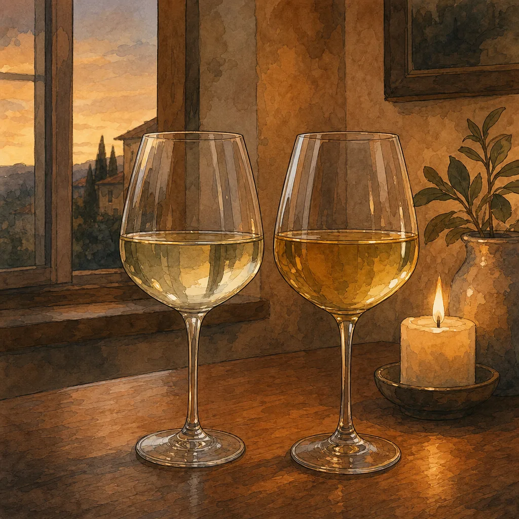 deux verres de vin blanc côte à côte sur une table en bois, l'un plus pâle et l'autre plus doré, lumière naturelle