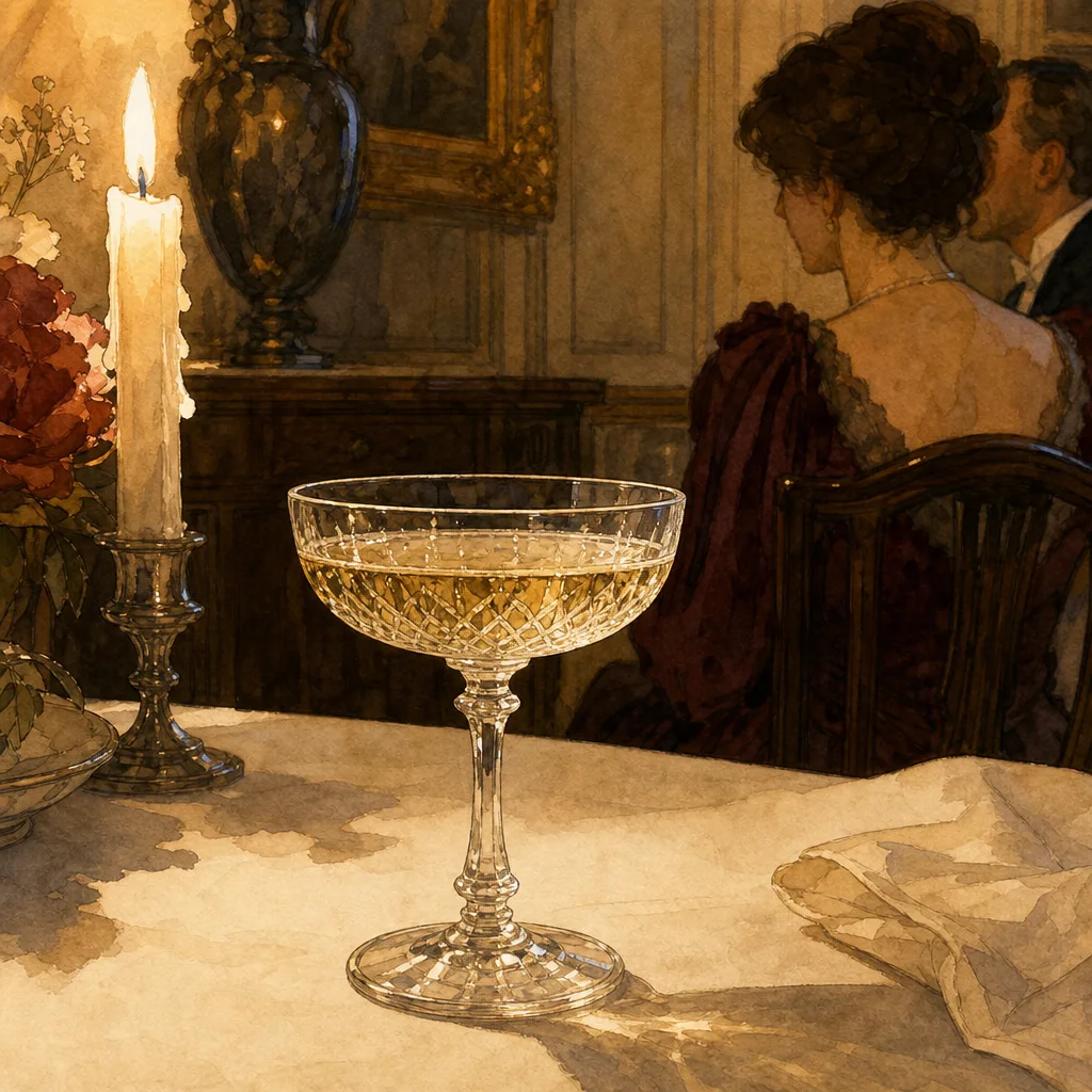 une coupe à champagne ancienne en cristal posée sur une nappe blanche, lumière tamisée d'une salle à manger début XXe siècle