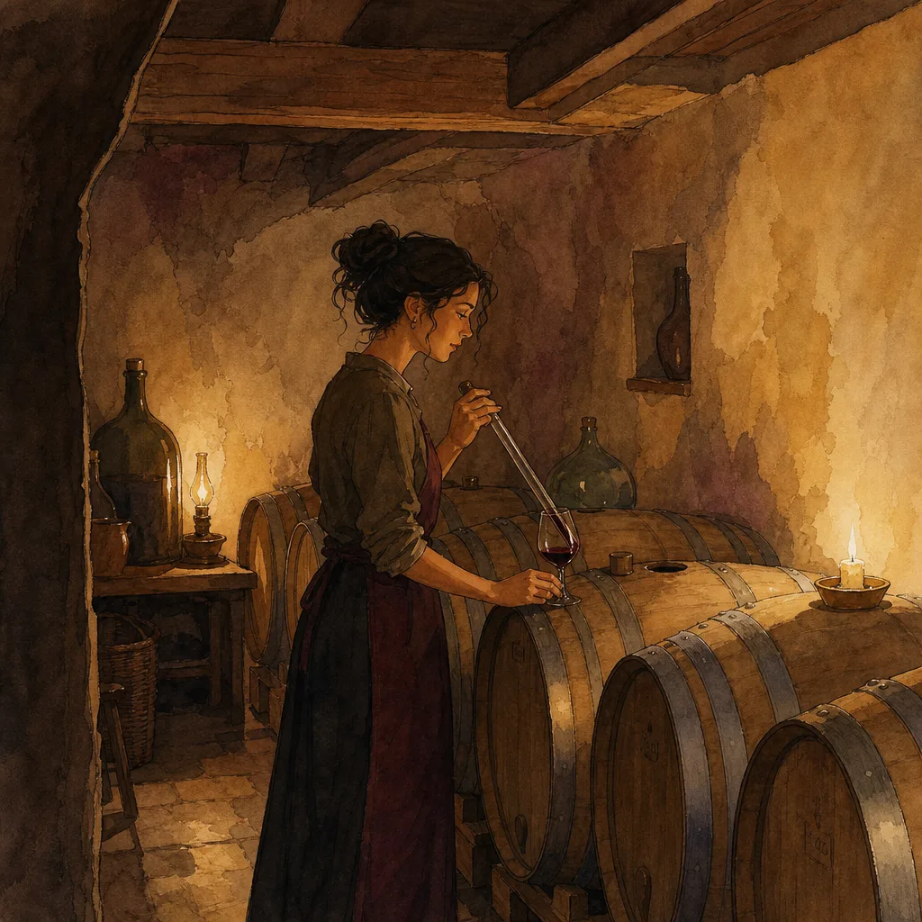 une cuverie minuscule installée dans un local exigu, quelques barriques de chêne clair alignées, lumière douce