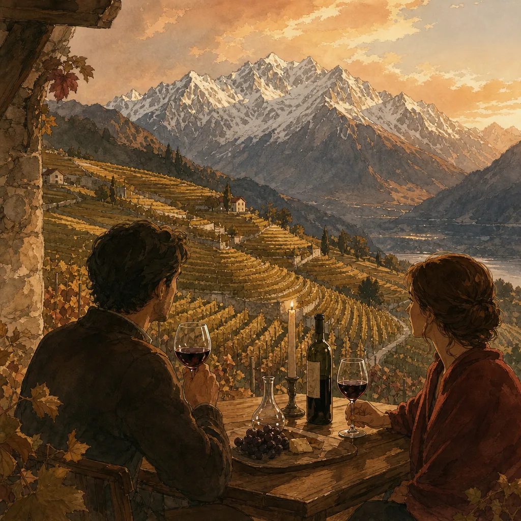 coteaux de vignes en terrasses au pied d'un massif alpin enneigé, lumière de fin d'après-midi