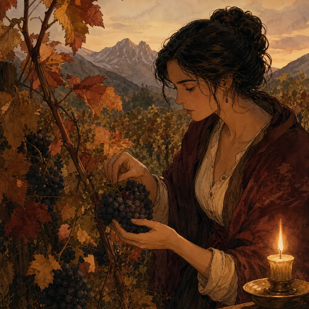 grappes de raisin noir mondeuse sur pied de vigne, feuillage d'automne, montagnes floues en arrière-plan