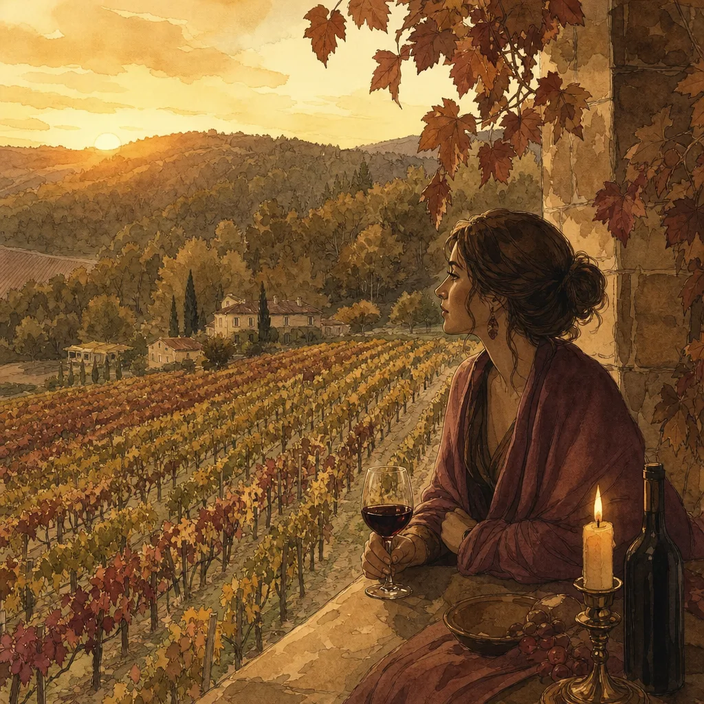 rangées de vignes en coteau au pied de collines boisées, lumière dorée de fin d'après-midi en automne