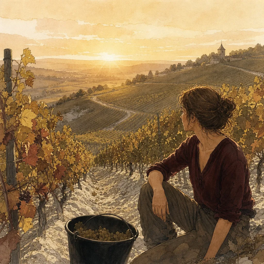rangées de vignes sur une colline crayeuse de Champagne au petit matin, lumière rasante