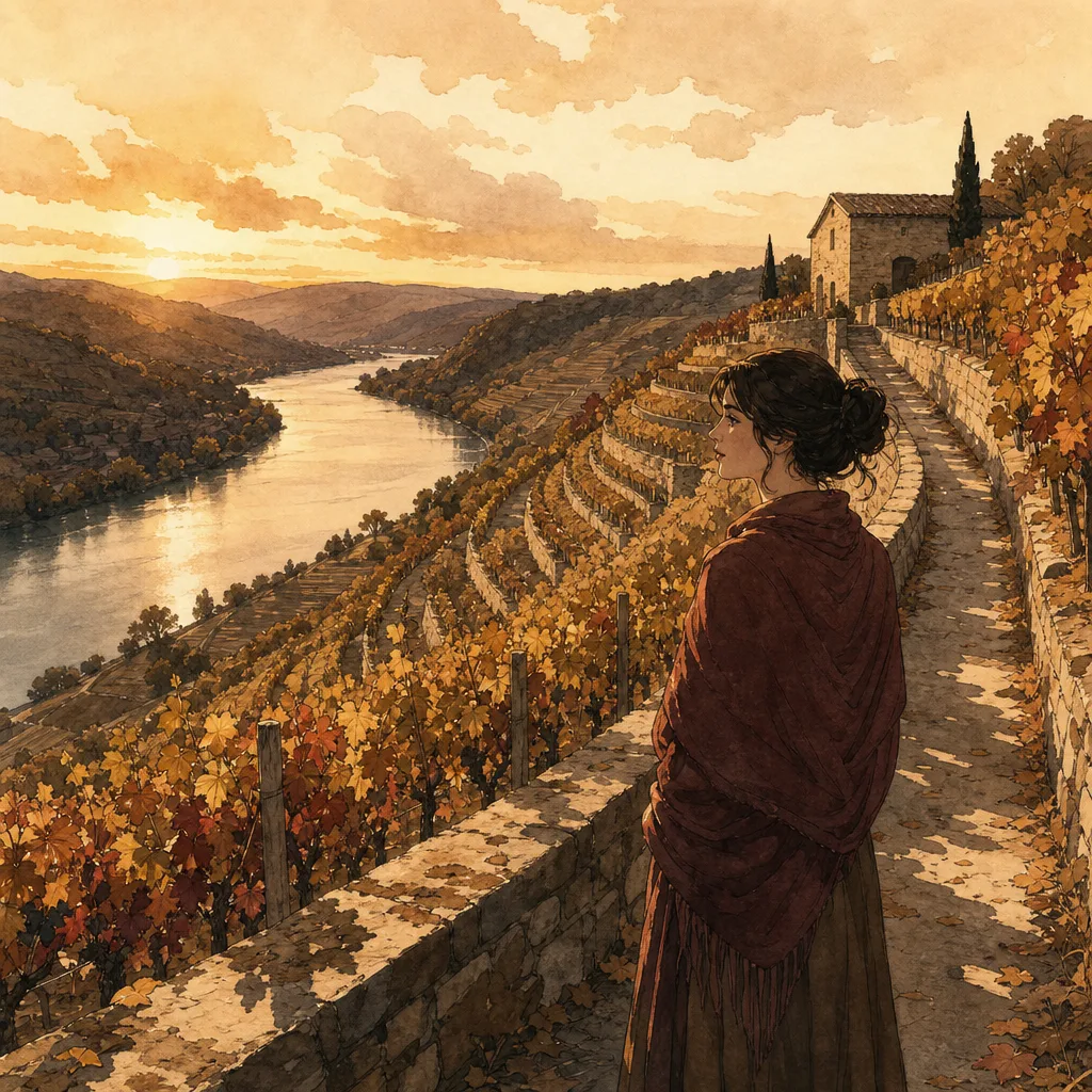 coteaux escarpés en terrasses au bord d'un fleuve, vignes accrochées à la pente sous une lumière rasante d'automne