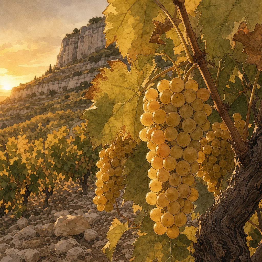grappes de raisin blanc doré sur pied de vigne, lumière rasante de fin d'après-midi, coteau calcaire en arrière-plan