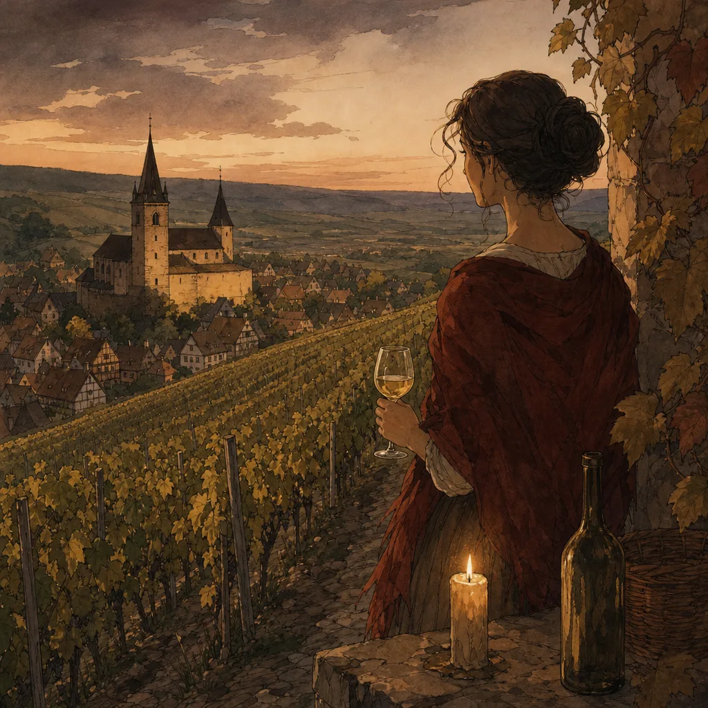 rangées de vieilles vignes de riesling sur un coteau calcaire, village alsacien et église fortifiée au loin