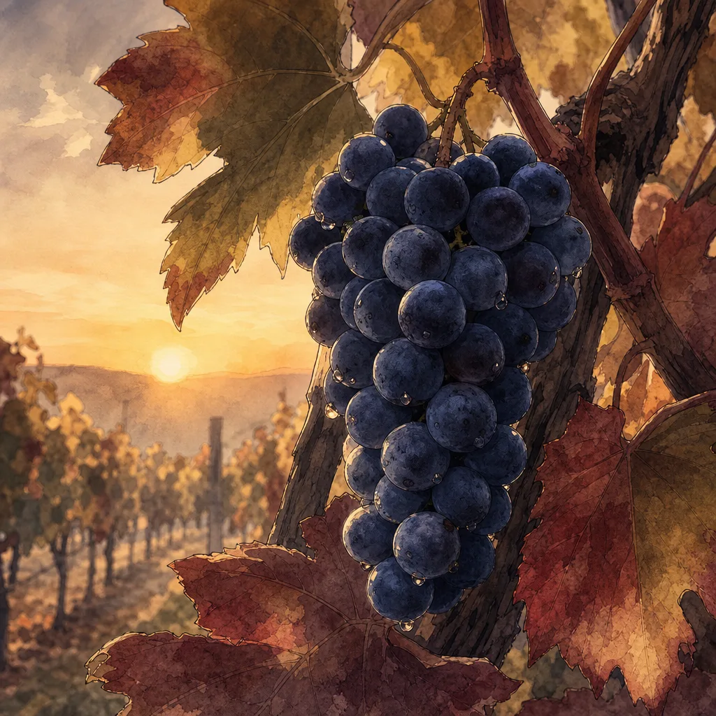 gros plan sur une petite grappe de pinot noir bien serrée, baies bleu-noir couvertes de pruine, dans une vigne au petit matin