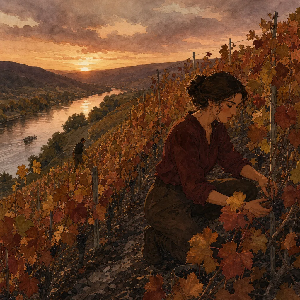 vignoble en coteau très pentu bordant une rivière, rangs de vigne alignés sur un sol sombre et pierreux, lumière d'automne